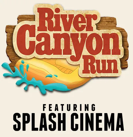The logo for River Canyon Run Featuring Splash Cinema at Great Wolf Lodge indoor water park and resort.